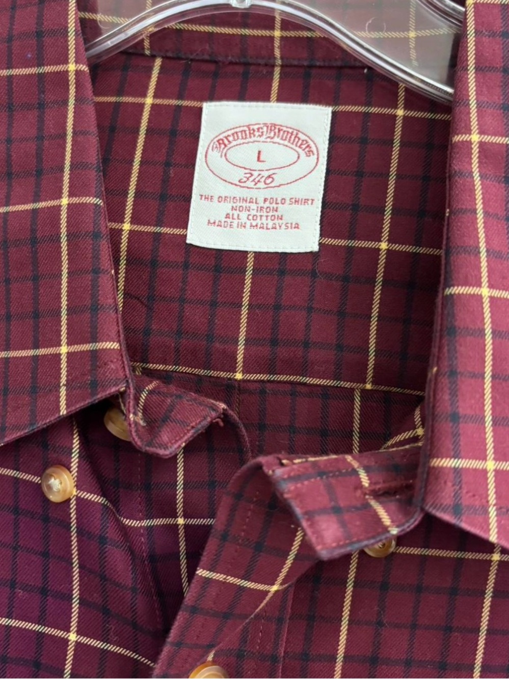 Brooks Brothers Men’s Burgundy and Gold Plaid Button-Down Polo Shirt